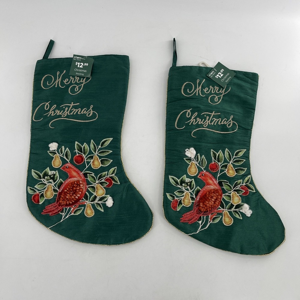 2 Victorian Christmas Stocking Home Embroider Applique Partridge Pear Tree Green